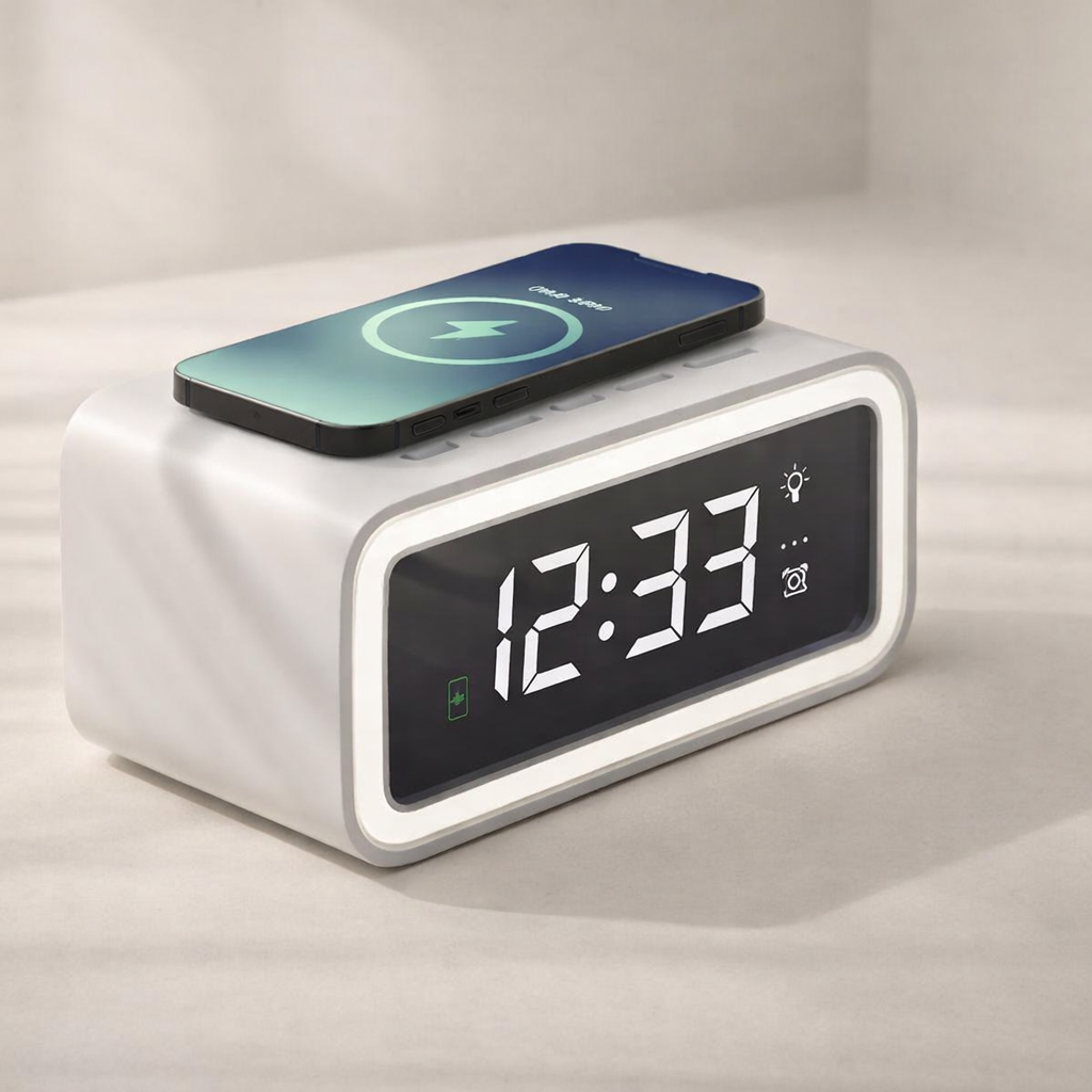 Halo alarm clock charging a phone on a bedside table