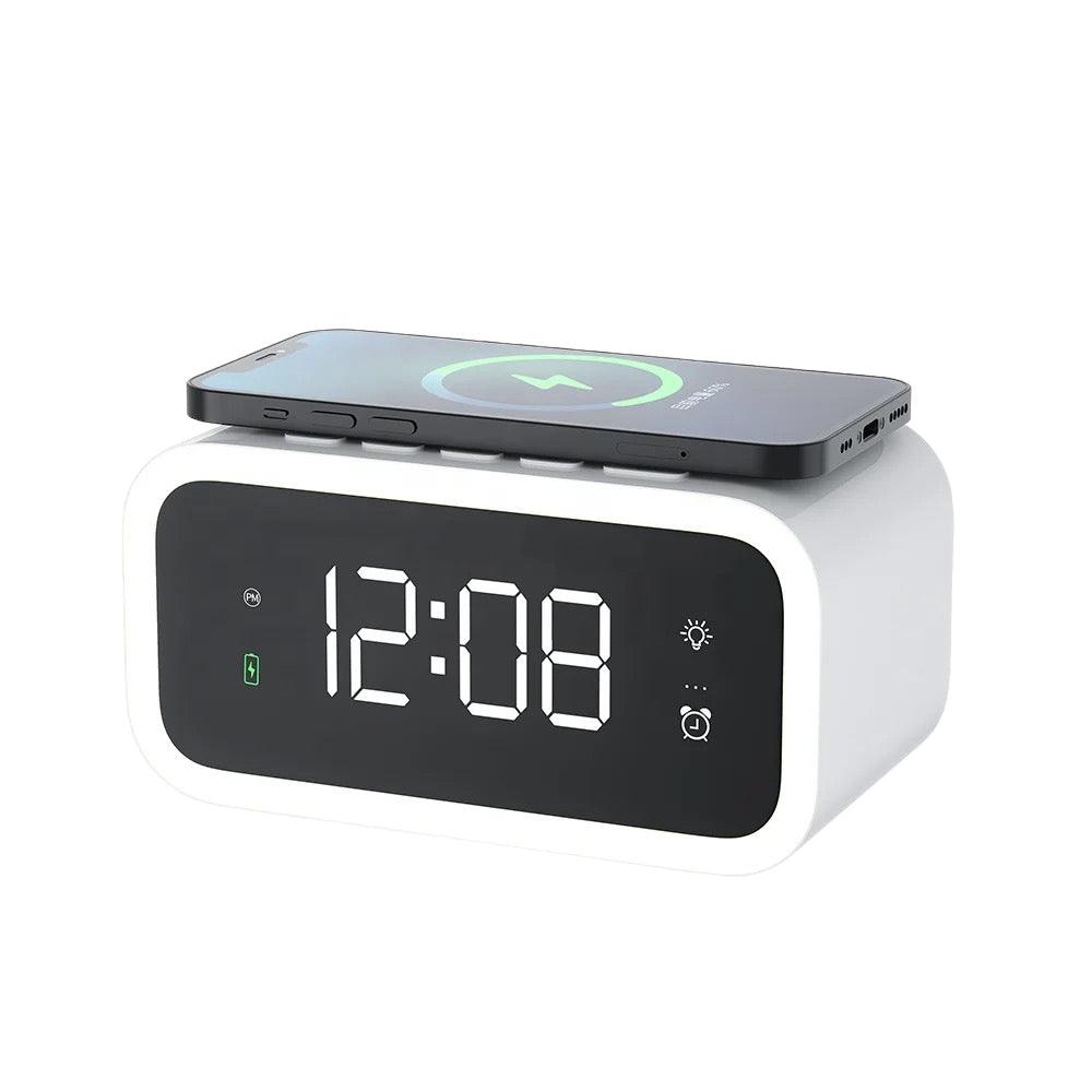 Halo digital alarm clock with wireless charging on a white background