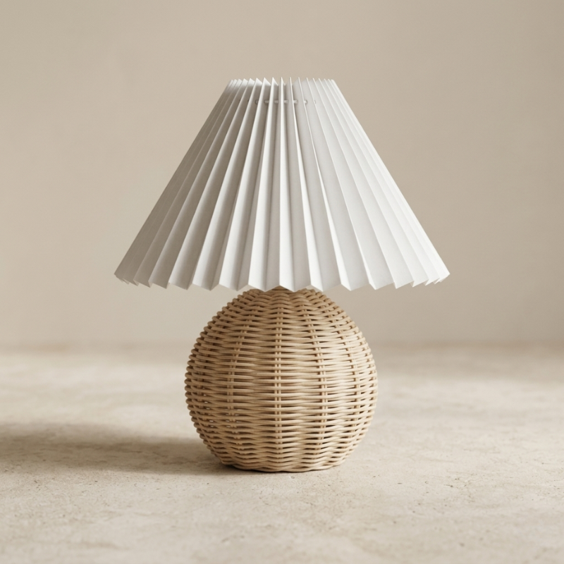 Rilla rattan table lamp shown lit in a bedroom