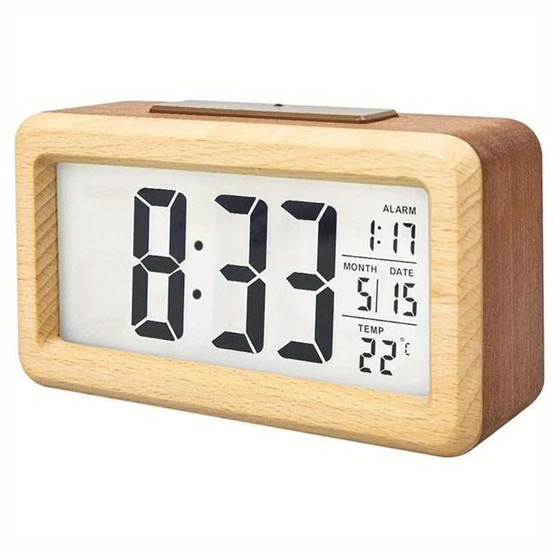 Timber digital alarm clock with wooden body on a white background
