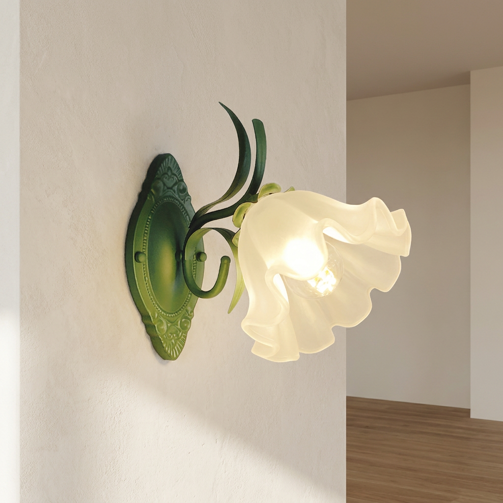 Blossom wall sconce mounted beside a bed