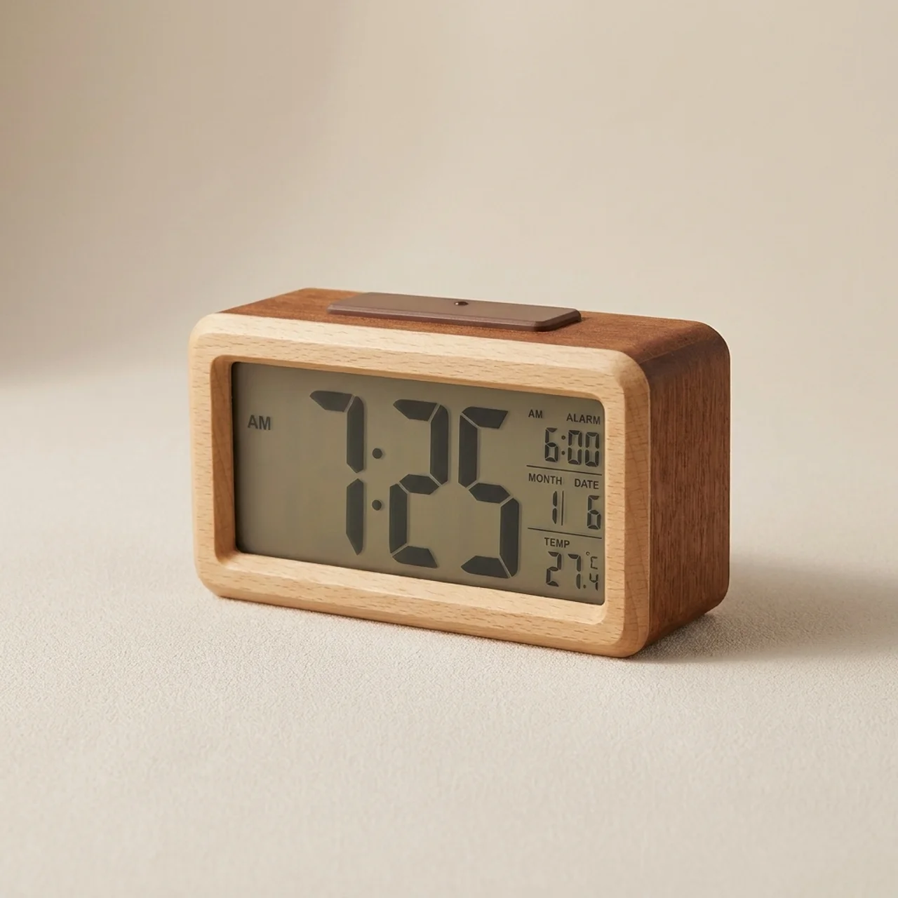 Timber alarm clock shown on a shelf
